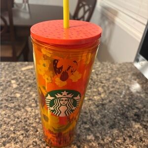 Starbucks Red and yellow Floral Tumbler with Yellow Straw